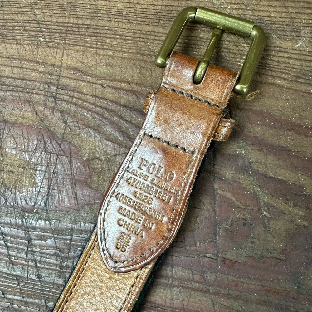 Polo Ralph Lauren PRL Plaid Wool Leather Belt Size 38 Blackwatch